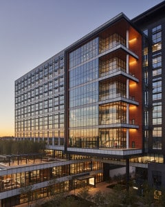 Partners HealthCare’s new Somerville headquarters includes two acres of landscaped roofs and solar shades to reduce solar heat gain.