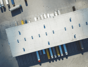 distribution center warehouse aerial top-down view