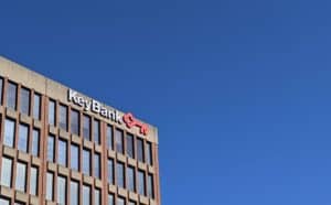 A sign on top of KeyBank's regional office in downtown Portland, Maine