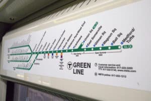 A map inside an MBTA Green Line train showing the GLX extension through Somerville and Medford.
