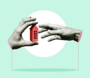 Collage of one hand holding a house and another hand reaching for that house.