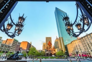 The mix of historic and contemporary architecture of Boston in Massachusetts, USA at Copley Square.