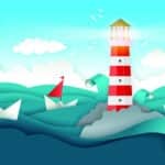 Lighthouse and boats floating on sea vector paper art illustration