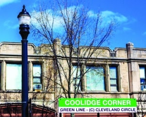 Sign for Coolidge Corner train stop on the MBTA (Massachusetts Bay Transportation Authority) Green Line., on Beacon Street, Brookline, Massachusetts.