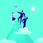 Flat illustration with business people standing on mountain peak top holding flag on blue clouded sky background. Victory, achievement, reaching aim, partnership, motivation, leader - metaphor.