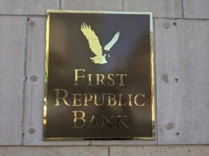A bronze plaque showing First Republic Bank's logo at its Back Bay branch in Boston in 2020.