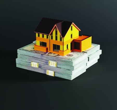 The concept of paying for a house, buying houses on a dark background. 3D render, 3D illustration.