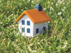 Miniature house on the meadow with copy space