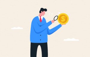 Conceptual illustration. Man in suit holding oversized coin and looking at it through magnifying glass.
