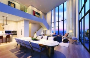 an architect's rendering of the interior of the penthouse unit on the under-construction South Station tower.