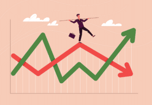businessperson balancing on lines of a chart like a tightrope walker