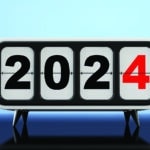 Retro Flip Clock with 2024 New Year Sign on a blue background. 3d Rendering