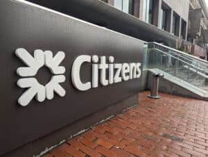 The sidewalk sign in front of Citizens Bank's downtown Boston office.