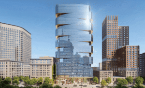 An architect's rendering shows Skanska USA's planned 380 Stuart St. tower, which resembles a stack of books, with the corners of each "book" (made up of two to three floors) offset from the ones above and below.