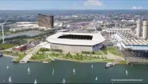 A rendering provided by The Kraft Group shows a potential new stadium in Everett for the New England Revolution proposed for the site of a decommissioned power plant on the Everett waterfront.