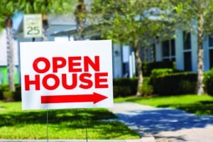 An open house sign in the suburbs with a palm tree in the background.