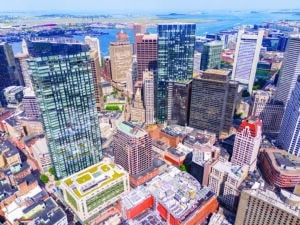 Downtown Boston skyscrapers are seen in this drone photo from 2024