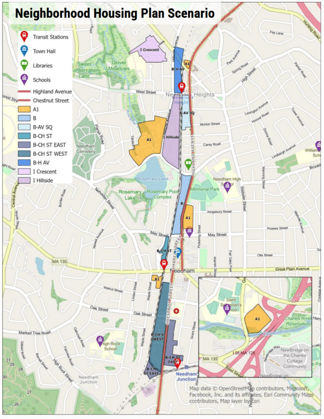 A map of Needham's MBTA Communities zoning showing districts clustered along Highland Avenue between the Needham Heights and Needham Junction commuter rail stations.