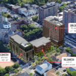 An aerial perspective rendering showing a proposed 218-unit apartment complex at 100 Smith St. in Boston's Mission Hill neighborhood.