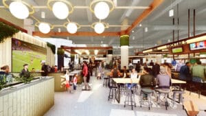 An architect's rendering of the C-Side bar at the CanalSide Food+Drink food hall.