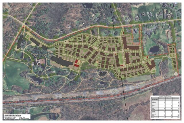 A plan view of a proposed senior housing development in Leverett, Mass. on the site of the Yankee Candle mansion