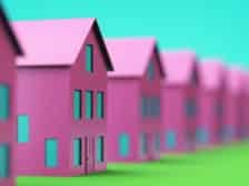 Row of identical little pink houses with one in focus. Real estate, home, suburbia, mortgage, purchase, security concept. 3D illustration render.