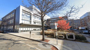 A Google Maps screenshot of 150 Second St. in Kendall Square. The four-story lab building has a large sign out front reading "150".