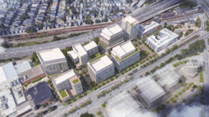 A conceptual bird's-eye rendering shows the 35-75 Morrissey Blvd. project in Boston's Dorchester neighborhood.