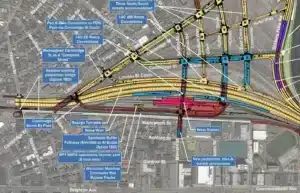 A schematic showing the current MassDOT proposal for the road layout in Harvard University's Allston mega-development.