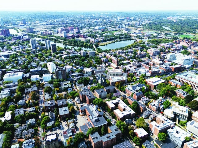 Drone view of Harvard yard, Cambridge, Massachusetts, USA