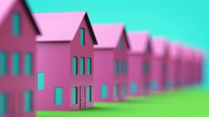 A 3D illustration shows a row of identical little pink houses, with one in focus partway down the line.