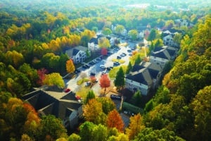 Aerial view of american apartment buildings in South Carolina residential area. New family condos as example of real estate development in USA suburbs.