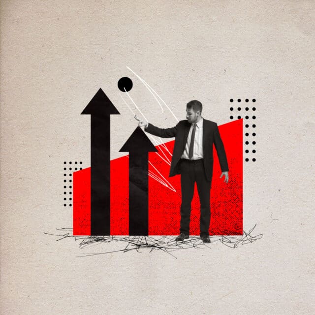 Contemporary art collage. Business man pulls black arrow, chart up by tip.