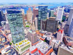 an aerial photograph of downtown Boston's residential and office skyscrapers.