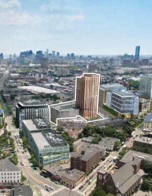 Aerial photo shows Prospect Union Square apartment tower.