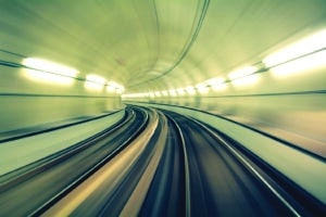 Underground train is speeding fast in a tunnel