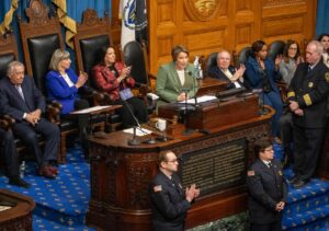 Gov. Maura Healey delivers her State of the Commonwealth speech from the House rostrum on Jan. 16, 2025.