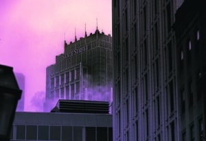 Boston office towers in the dawn fog. Towers are very dark, a dull purple.