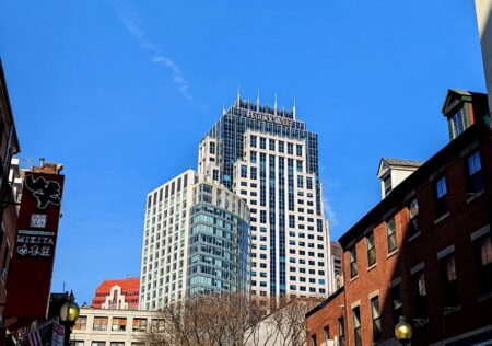 Boston's One Lincoln skyscraper is seen from a Hudson Street in Boston's Chinatown neighborhood in March 2025.