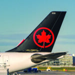 London, England, UK - 3 January 2025: Tail fin of a passenger jet operated by Air Canada.