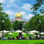 Boston, USA - October 10, 2023: Golden Dome of Boston built in 1798. The Massachusetts State House, situated atop Beacon Hill in Boston