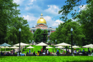 Boston, USA - October 10, 2023: Golden Dome of Boston built in 1798. The Massachusetts State House, situated atop Beacon Hill in Boston